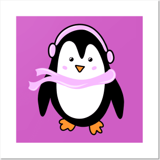 Festive Winter Penguin with Pink Scarf and Earmuffs, made by EndlessEmporium Posters and Art